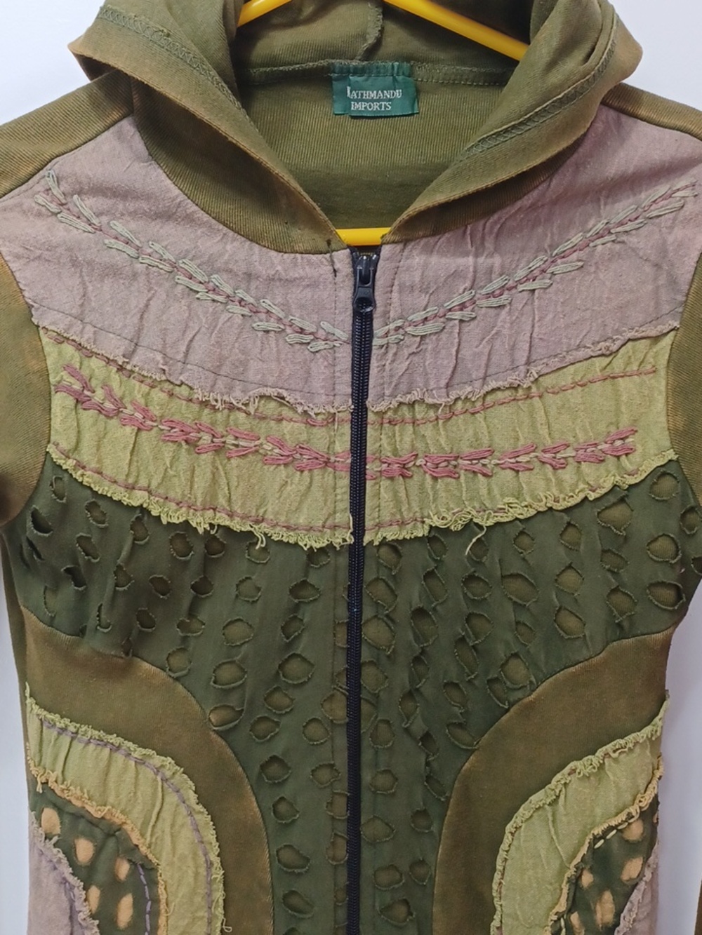 Green Distressed India Bohemian Tunic Hoodie Zip Up Jacket Sweater XS - S - Picture 2 of 8